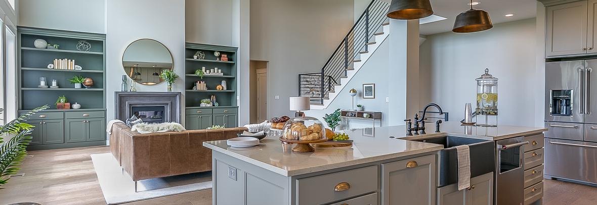 instagram ready home.Beautiful modern kitchen with all luxuries you could want - stock photo  Kitchen island with gray and white colors staged for Tour