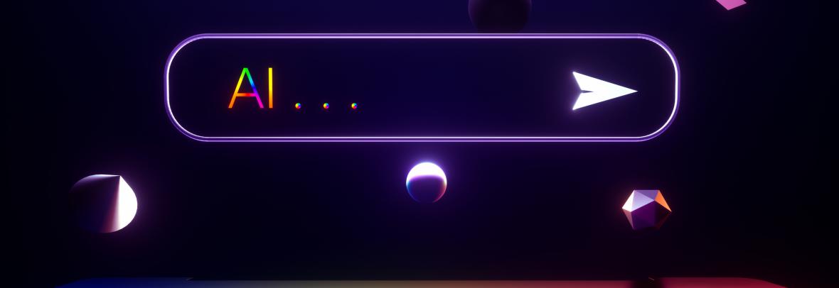 Digital generated image of AI search frame with multiple geometrical shapes flying around. Technology and AI concept.